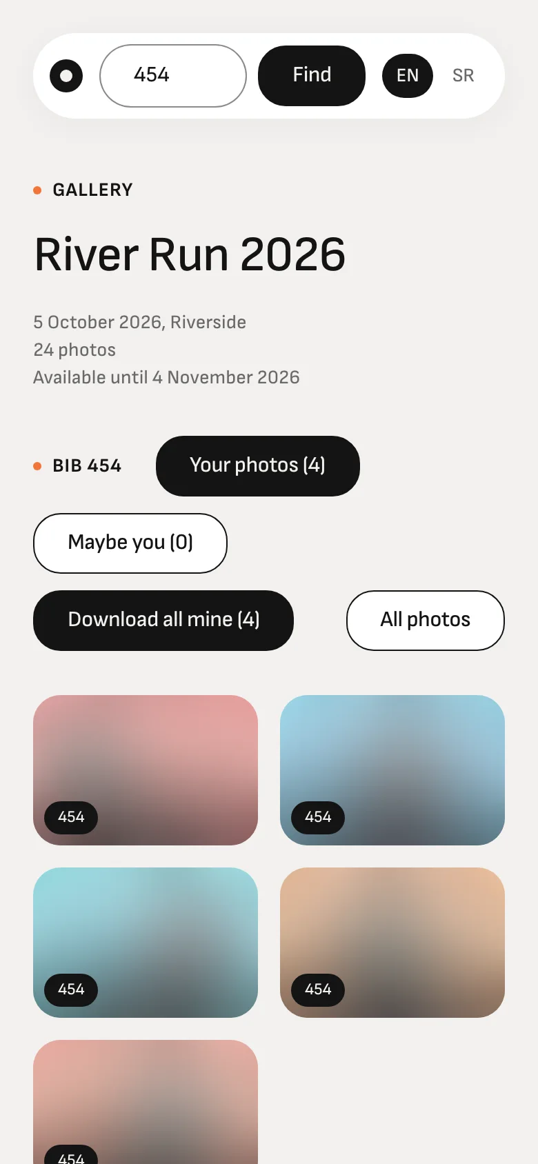 Search result: the "Your photos" and "Maybe you" tabs and the "Download all mine" button