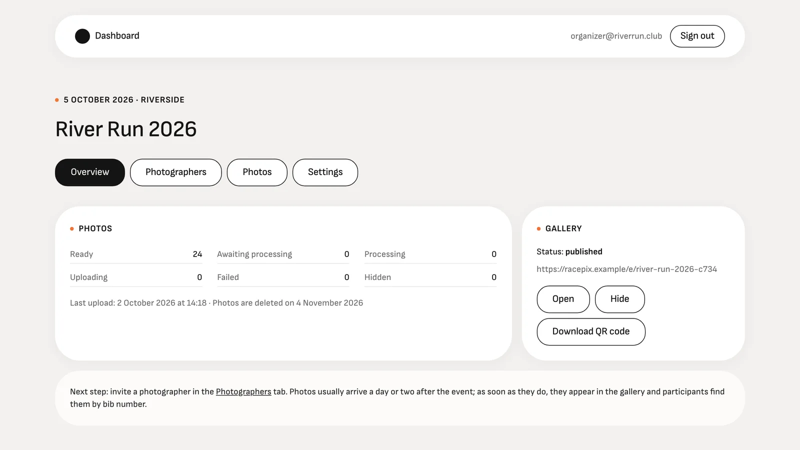 RacePix organiser dashboard: event overview with photo counts, gallery status and the QR code button