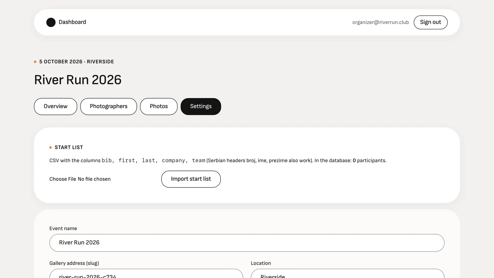 Event settings: deletion period, visibility and start list import